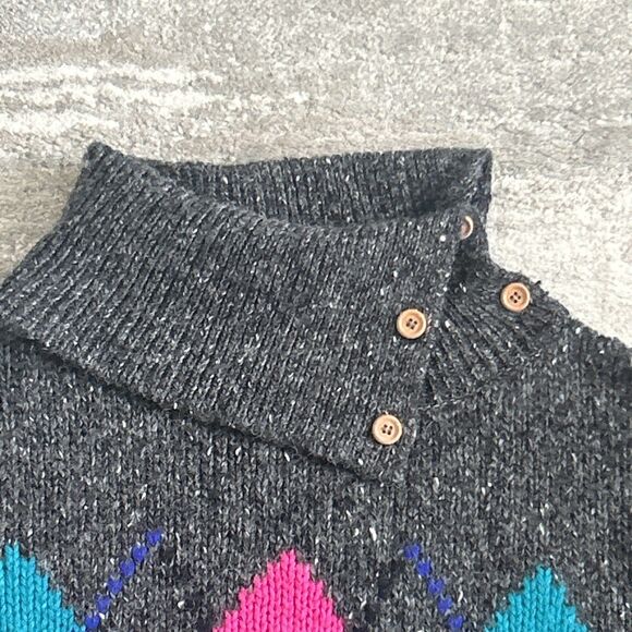 Gap Sweater Womens Large Vintage 80s 90s Argyle Wool Blend Gray Cowl Turtle Neck - Picture 2 of 5